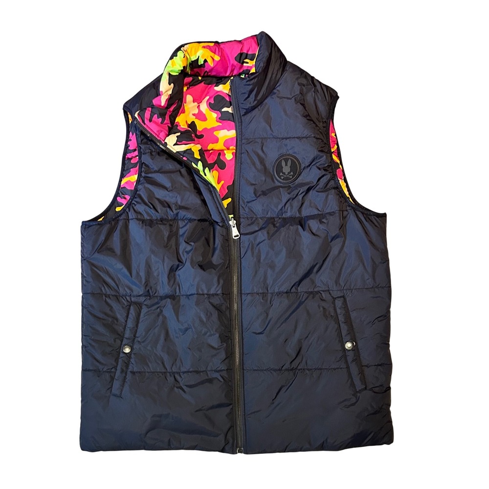 Psycho Bunny Mens Navy Blue Allen Puffer Vest Reversible Neon Camo Size L Logo